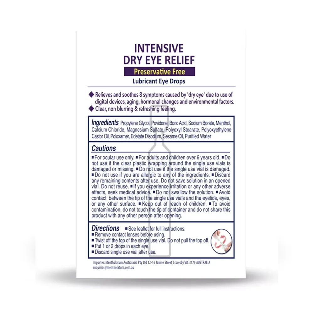 Rohto Dry Aid Preservative-Free Eye Drops 20 x 0.5mL rear packaging information