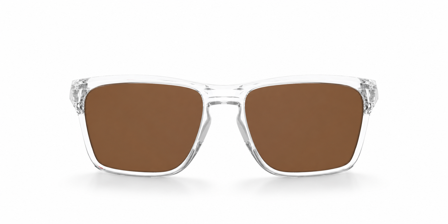 Oakley Sylas Sunglasses front view - Colour: Polished Clear - Lens: Brown solid tint - Media: Custom Polarised Brown solid tint
