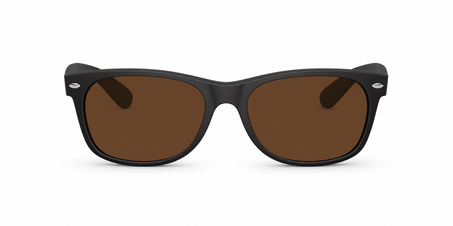 Ray-Ban New Wayfarer Low Bridge Fit RB2132F Sunglasses front view - Colour: Rubber Black - Lens: Brown solid tint - Media: Custom Polarised Brown solid tint