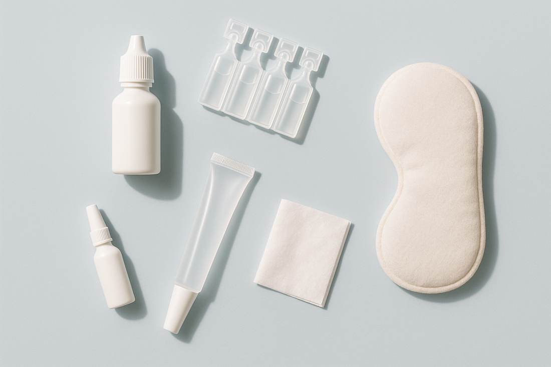 A selection of dry eye products — lubricating eye drops, preservative-free single-dose vials, eye gel, eye ointment, an eyelid wipe and a warm-compress eye mask