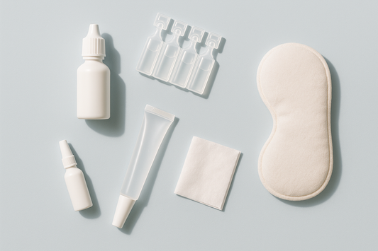 A selection of dry eye products — lubricating eye drops, preservative-free single-dose vials, eye gel, eye ointment, an eyelid wipe and a warm-compress eye mask