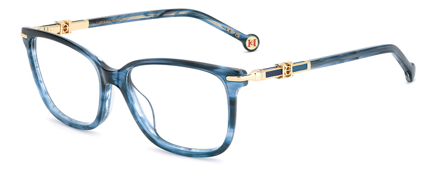 Carolina Herrera HER 0381/G Blue Horn angled view showing the temples
