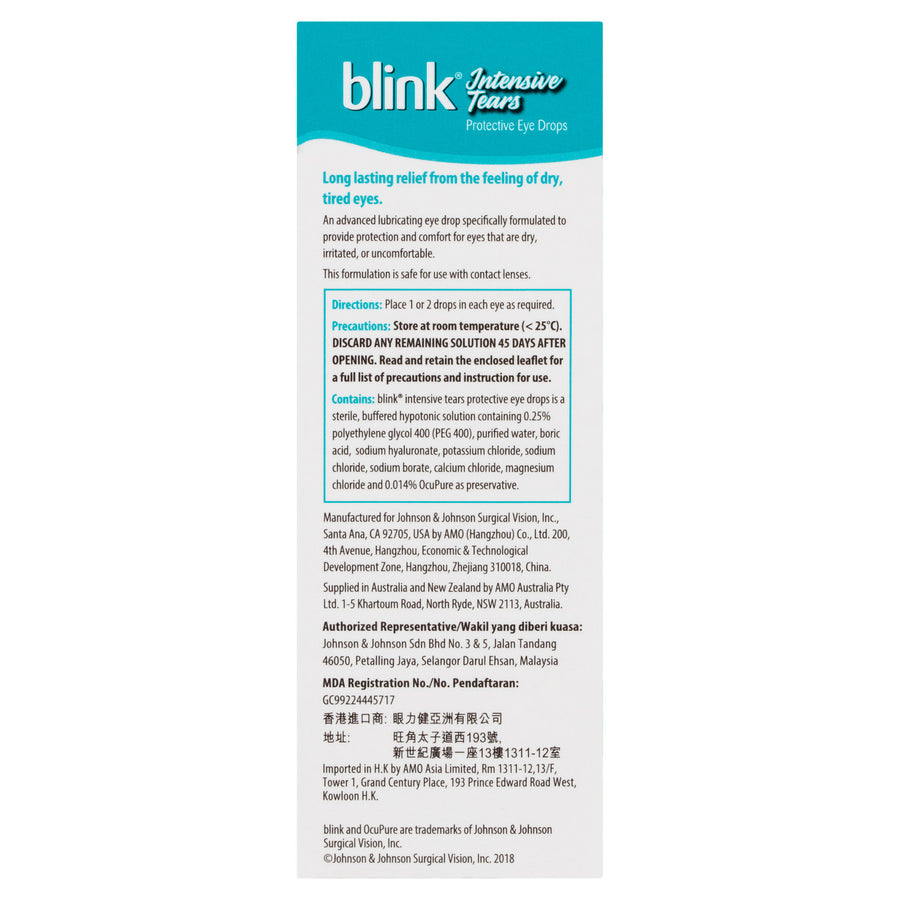 Blink Intensive Tears Lubricating Eye Drops 15mL rear packaging information
