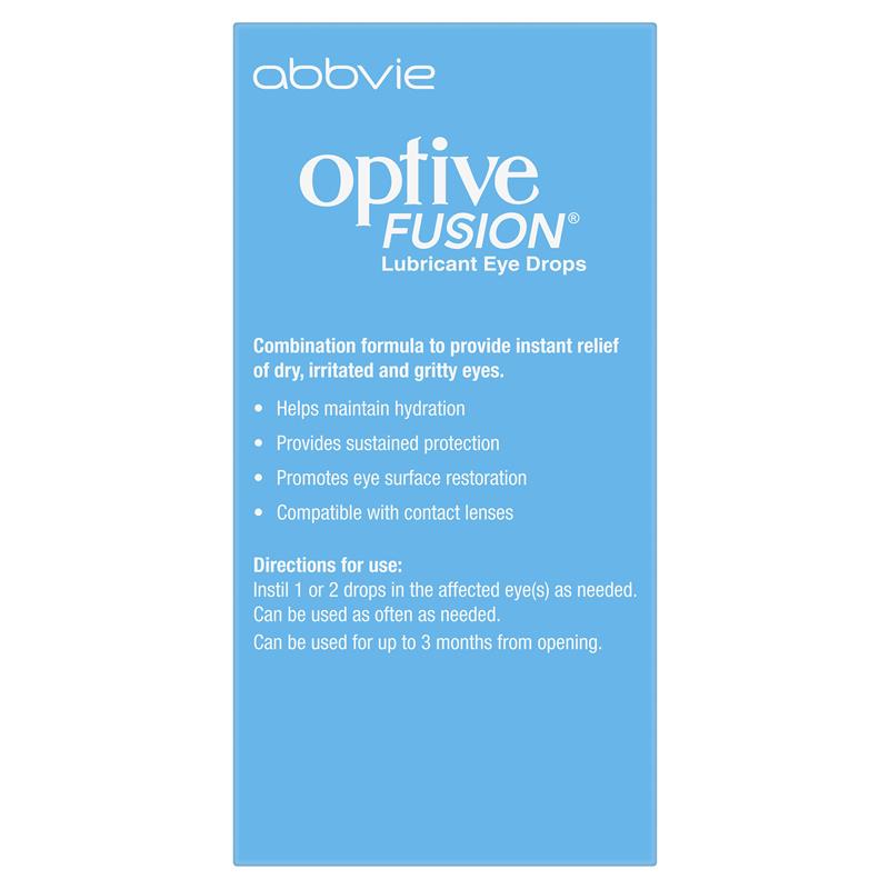 Optive Fusion Lubricant Eye Drops 10mL rear packaging information