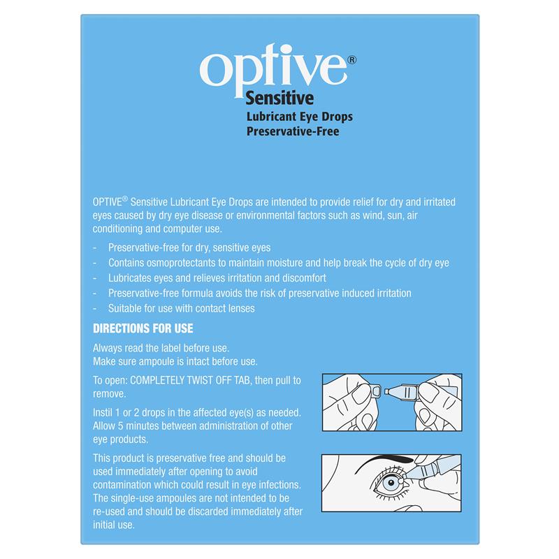 Optive Sensitive Preservative-Free Lubricant Eye Drops 30 x 0.4mL rear packaging information