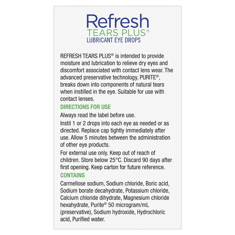 Refresh Tears Plus Lubricant Eye Drops 15mL rear packaging information