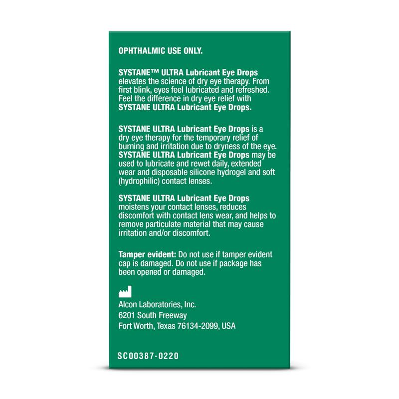 Systane Ultra Lubricant Eye Drops 10mL rear packaging information