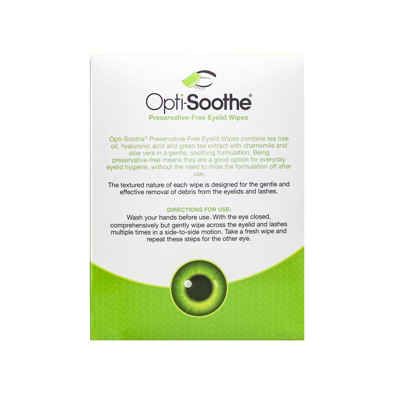 Opti-Soothe Preservative-Free Eyelid Wipes 30 Pack rear packaging information