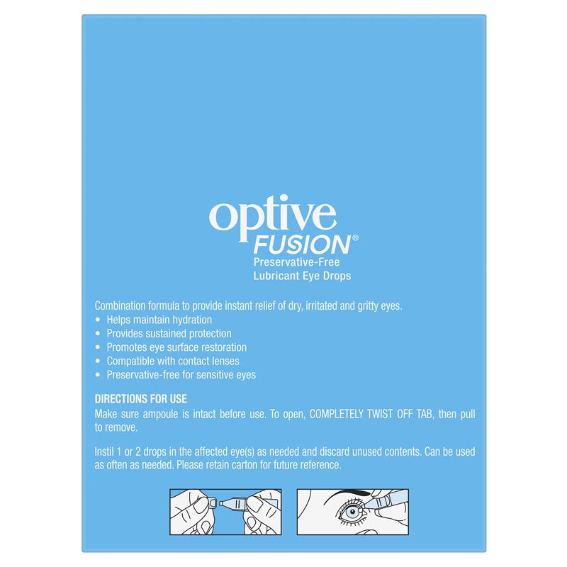 Optive Fusion Preservative-Free Lubricant Eye Drops 30 x 0.4mL rear packaging information
