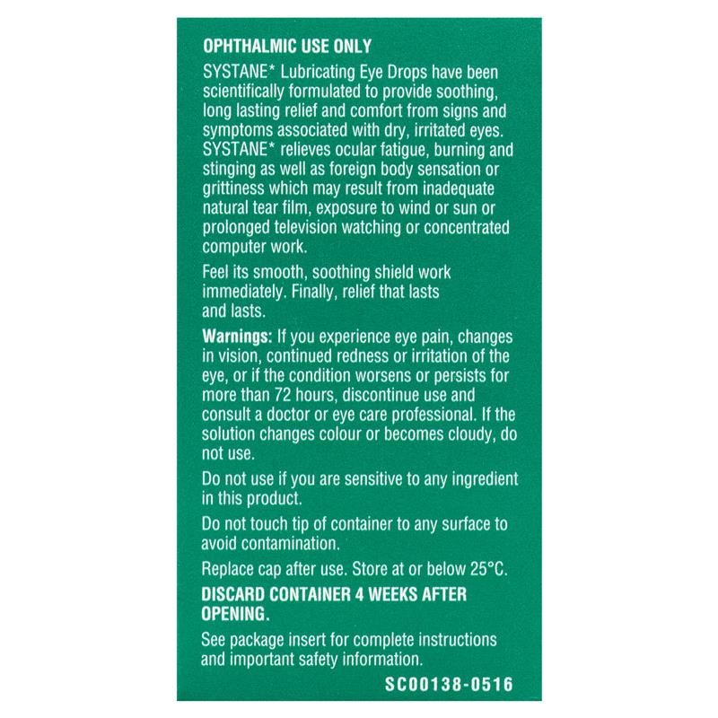 Systane Original Lubricant Eye Drops 15mL rear packaging information