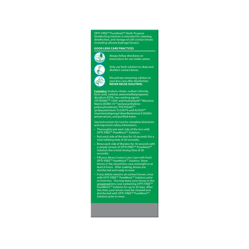 Opti-Free PureMoist Travel Pack 90mL rear packaging information