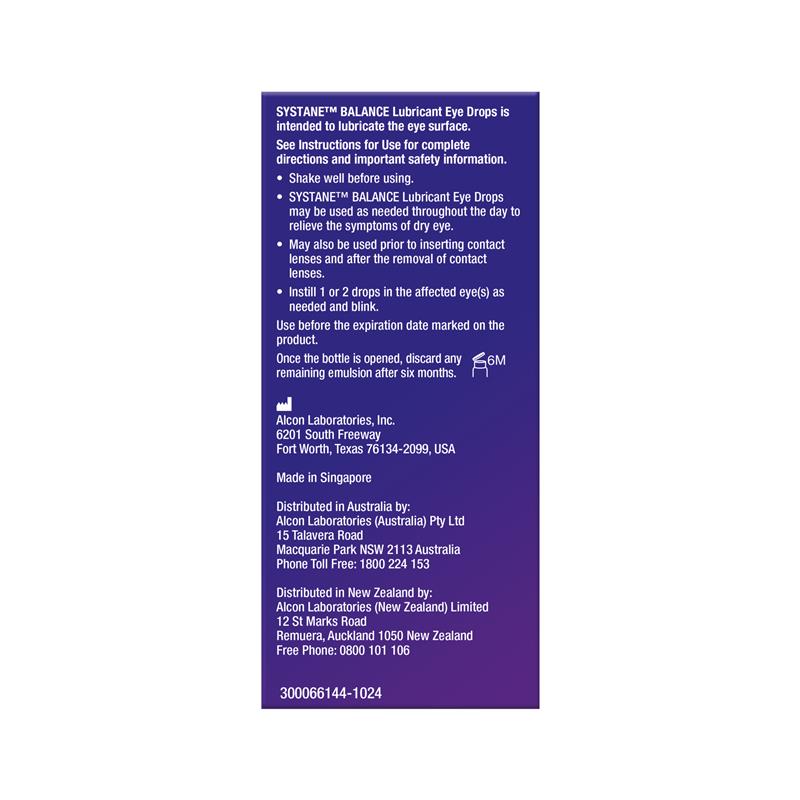Systane Balance Lubricant Eye Drops 10mL rear packaging information