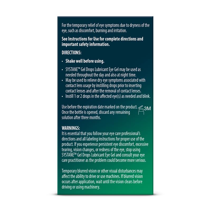 Systane Gel Lubricant Eye Drops 10mL rear packaging information