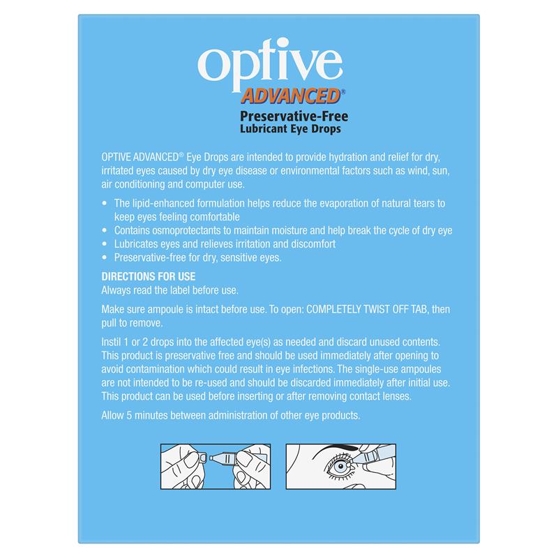 Optive Advanced Preservative-Free Lubricant Eye Drops 30 x 0.4mL rear packaging information