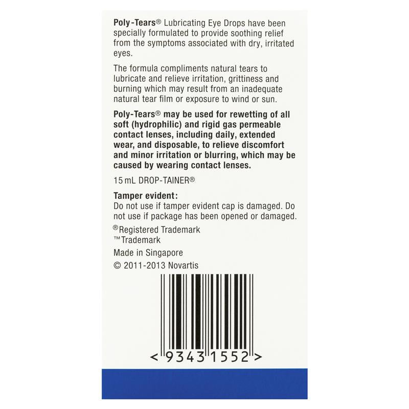 PolyTears Lubricating Eye Drops 15mL rear packaging information