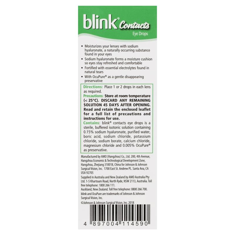 Blink Contacts Lubricating Eye Drops 10mL rear packaging information