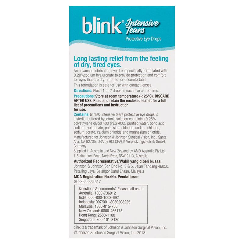 Blink Intensive Tears Preservative-Free Eye Drops 20 x 0.4mL rear packaging information
