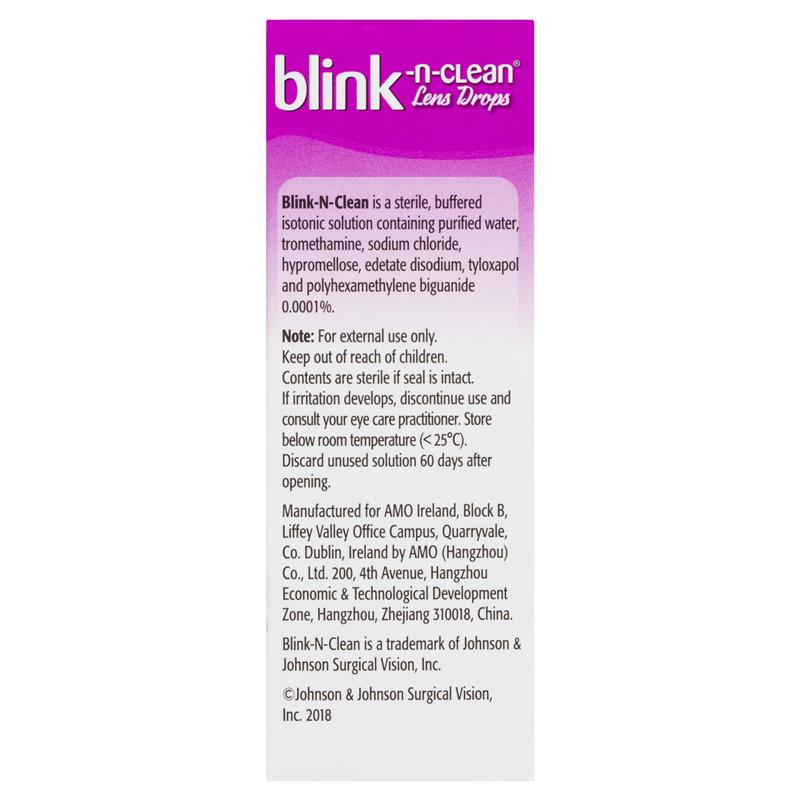 Blink-N-Clean Lens Drops 15mL rear packaging information