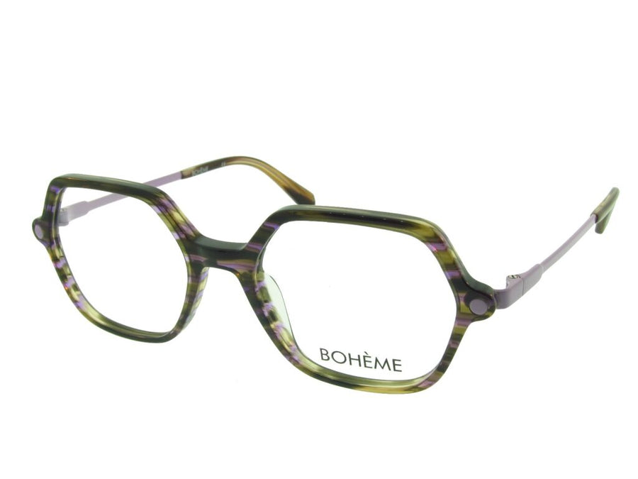 Bohème 1849 Pine Green and Purple Stripes angled view showing temples
