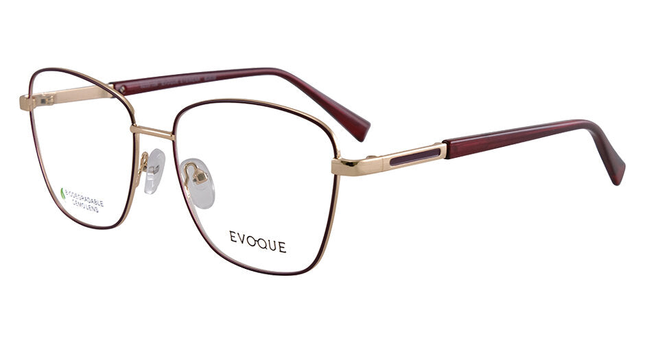 Evoque 8255 Gold / Wine optical frame, three-quarter view