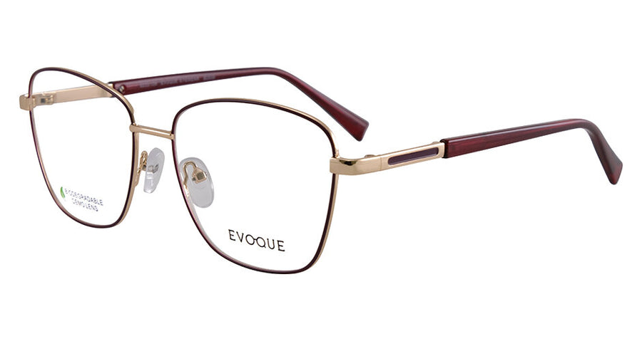 Evoque 8255 Gold / Wine optical frame, three-quarter view