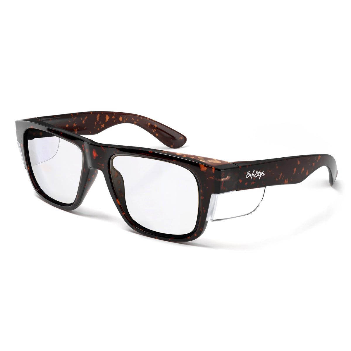 SafeStyle Fusions prescription safety glasses in Brown Tort — angle view