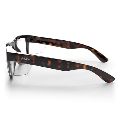SafeStyle Fusions XL prescription safety glasses in Brown Tort — side view