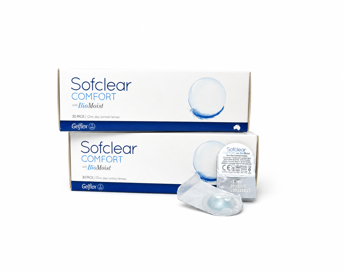 Sofclear Comfort with BioMoist daily contact lens boxes and blister on a white background
