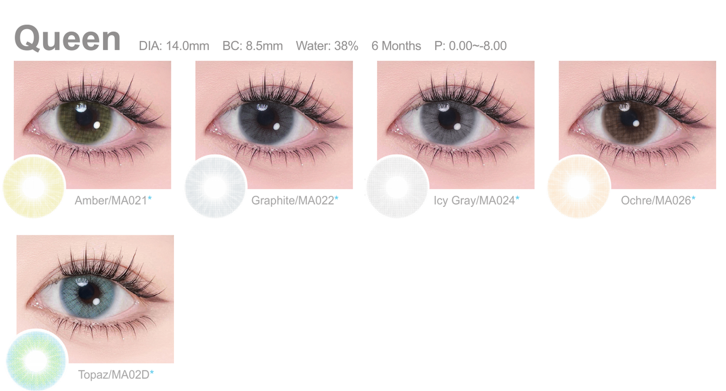 Magister Queen contact lens colours: Amber, Graphite, Icy Gray, Ochre and Topaz