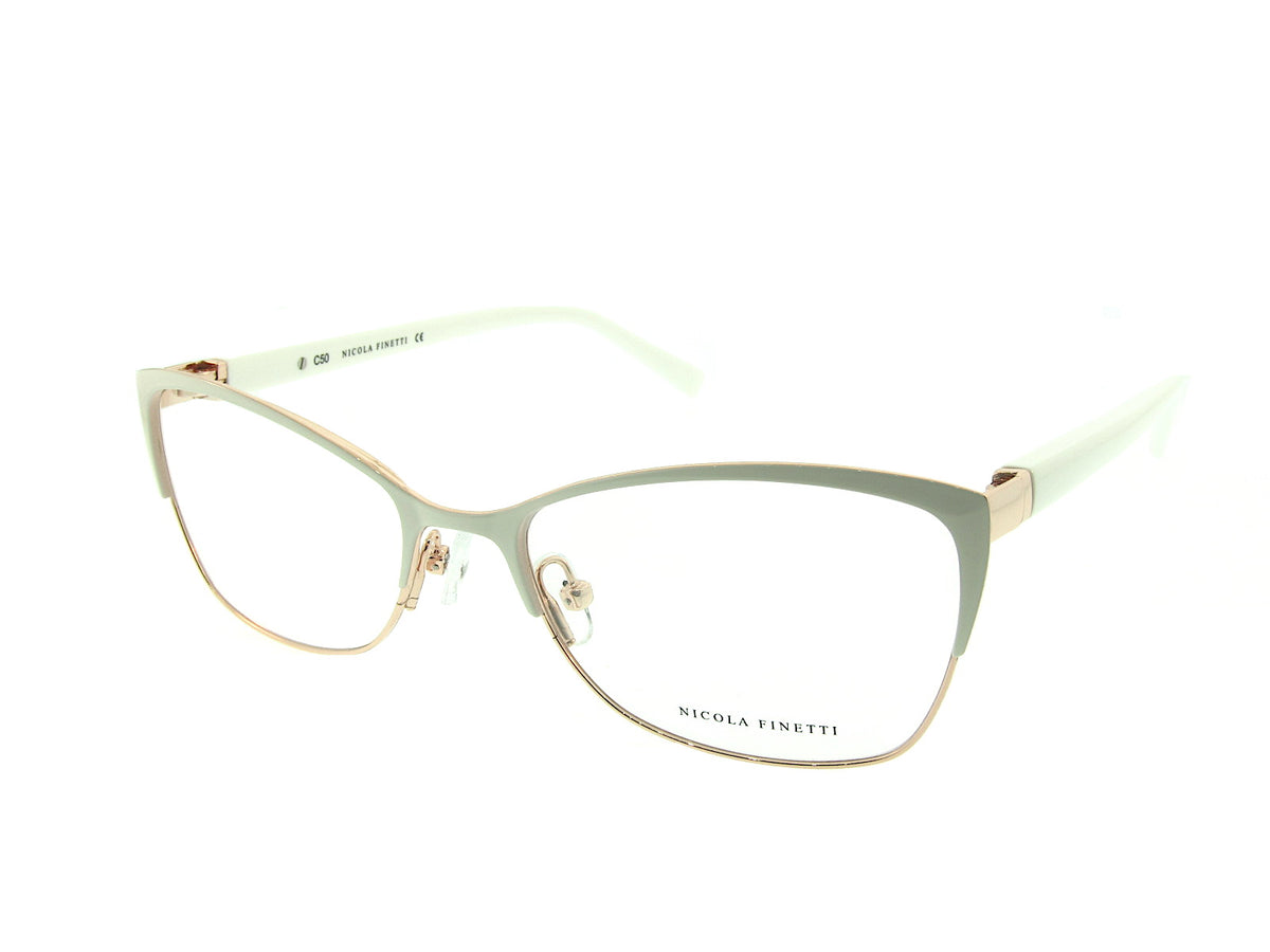 Nicola Finetti 907 White & Rose Gold optical frame, three-quarter view