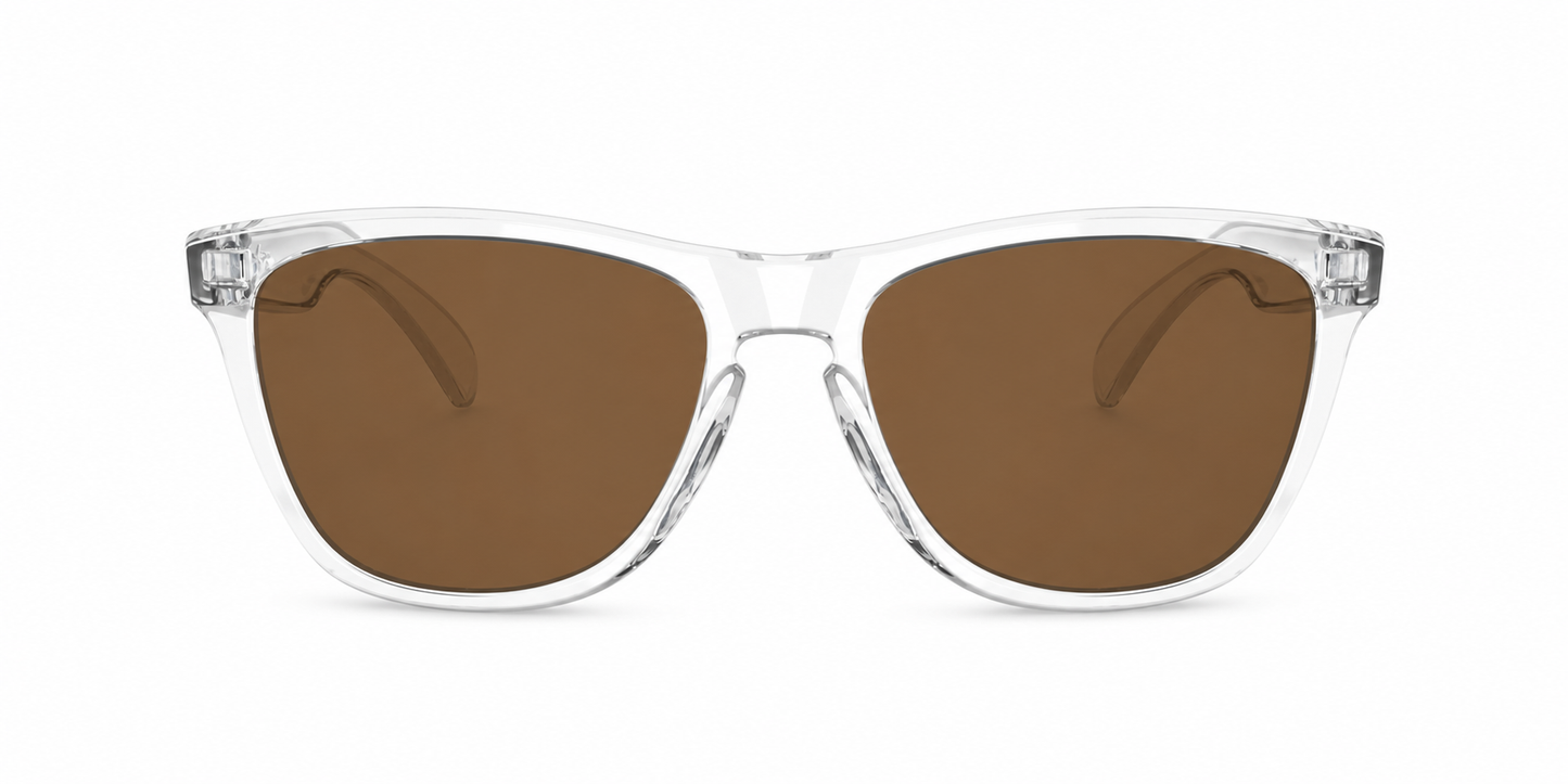 Oakley Frogskins XL Sunglasses front view - Colour: Crystal Clear - Lens: Brown solid tint - Media: Custom Polarised Brown solid tint