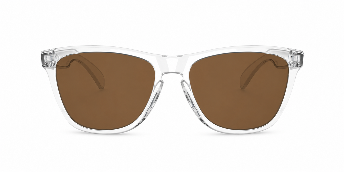 Oakley Frogskins XL Sunglasses front view - Colour: Crystal Clear - Lens: Brown solid tint - Media: Custom Polarised Brown solid tint