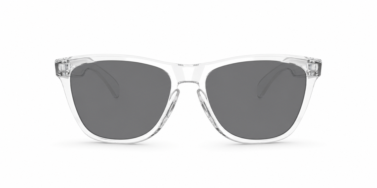 Oakley Frogskins XL Sunglasses front view - Colour: Crystal Clear - Lens: Grey solid tint - Media: Custom Polarised Grey solid tint