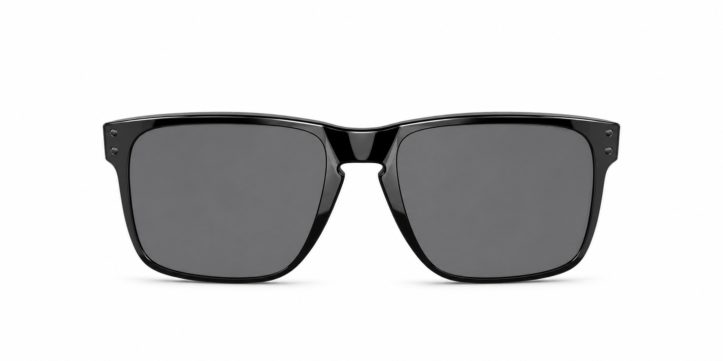 Oakley Holbrook XL Sunglasses front view - Colour: Polished Black - Lens: Grey solid tint - Media: Custom Polarised Grey solid tint