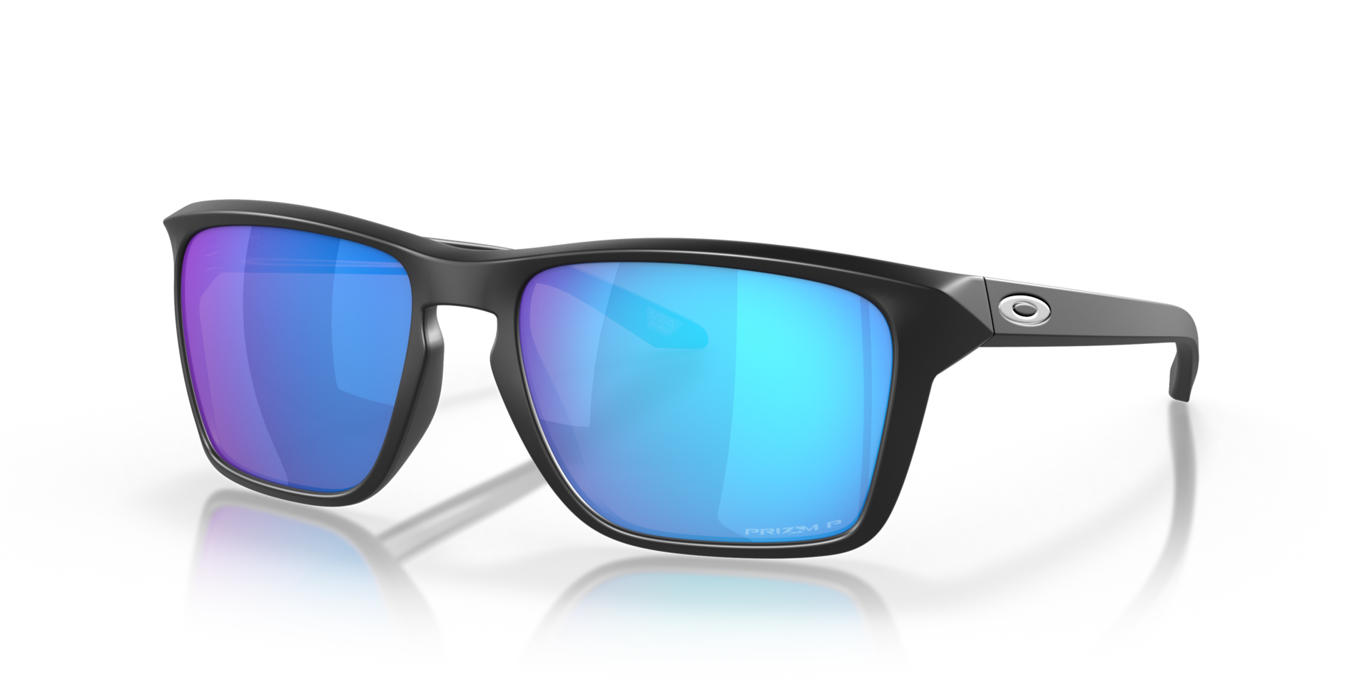 Oakley Sylas Sunglasses angle view - Colour: Matte Black / Prizm Sapphire Polarised