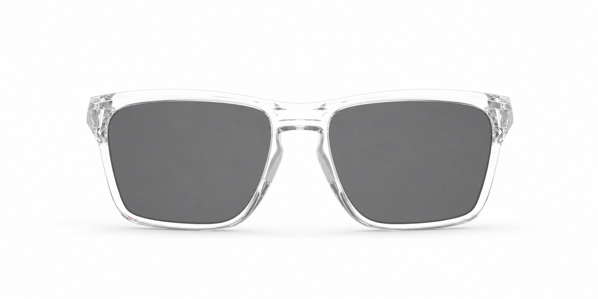 Oakley Sylas Sunglasses front view - Colour: Polished Clear - Lens: Grey solid tint - Media: Custom Polarised Grey solid tint