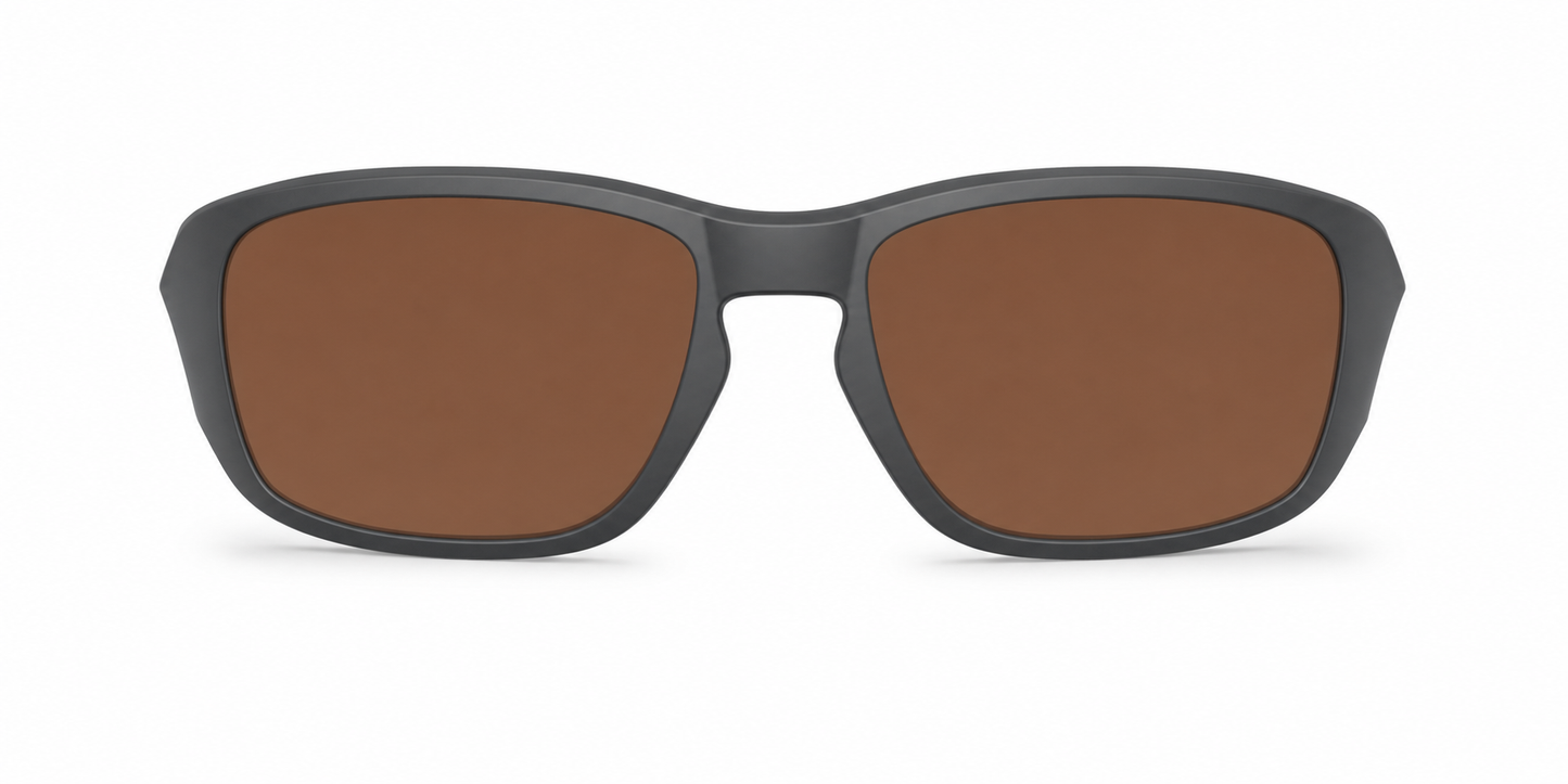 Oakley Tourniquet Sunglasses front view - Colour: Matte Carbon - Lens: Brown solid tint - Media: Custom Polarised Brown solid tint