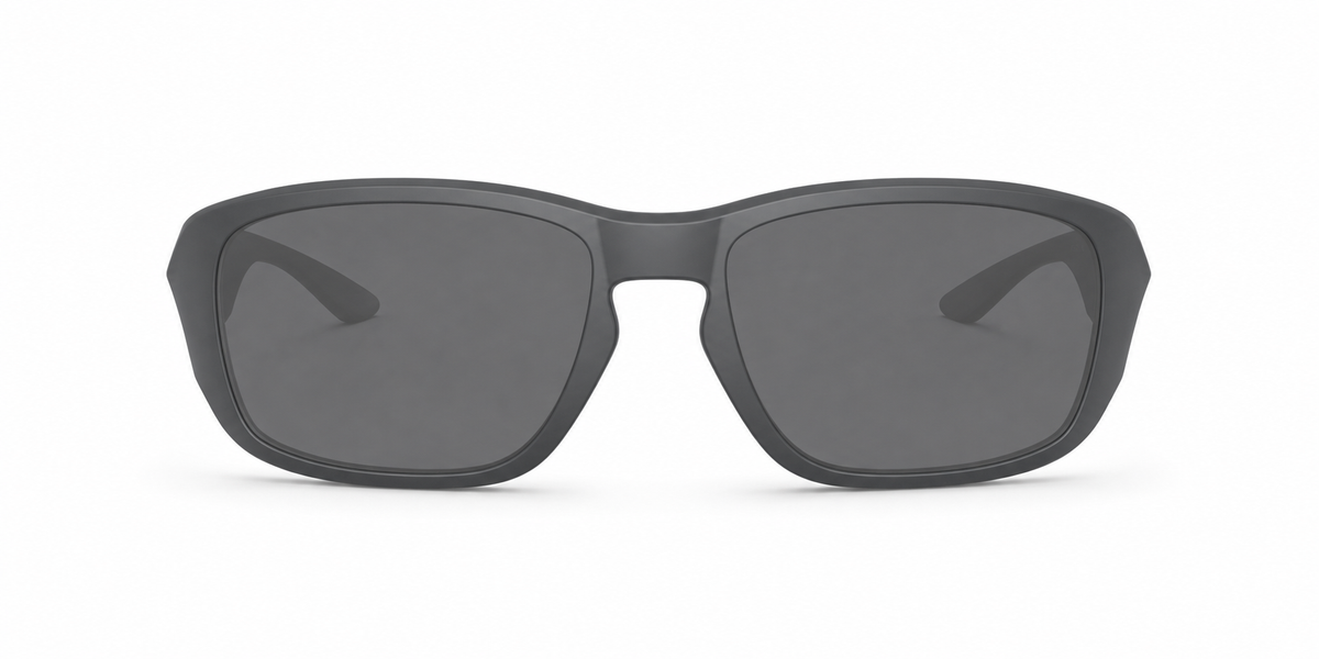 Oakley Tourniquet Sunglasses front view - Colour: Matte Carbon - Lens: Grey solid tint - Media: Custom Polarised Grey solid tint