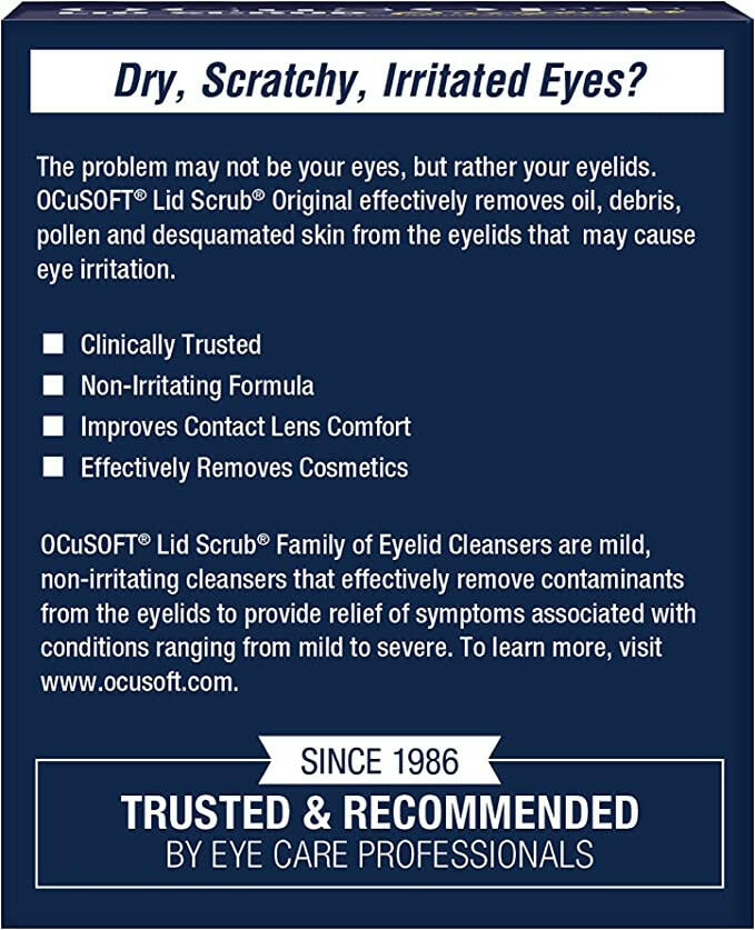 OCuSoft LidScrub Original Sachets 30 Pack rear packaging information