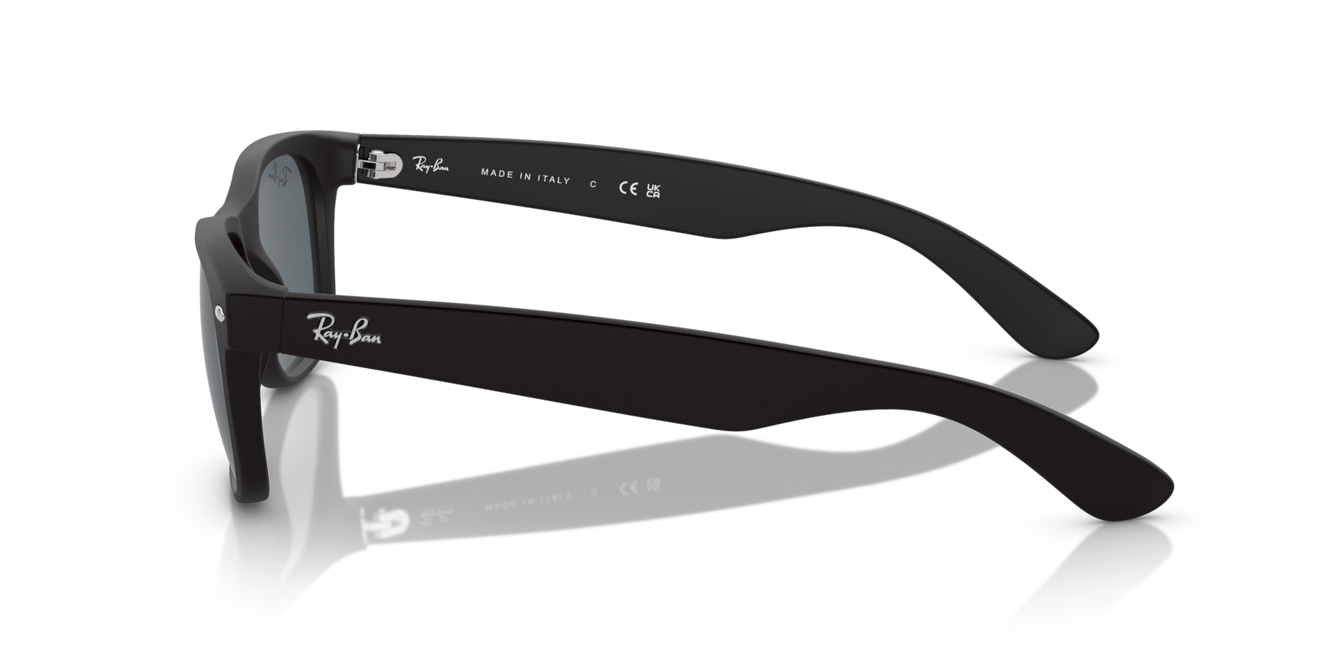 Ray-Ban New Wayfarer Low Bridge Fit RB2132F Sunglasses side view - Colour: Rubber Black / Blue