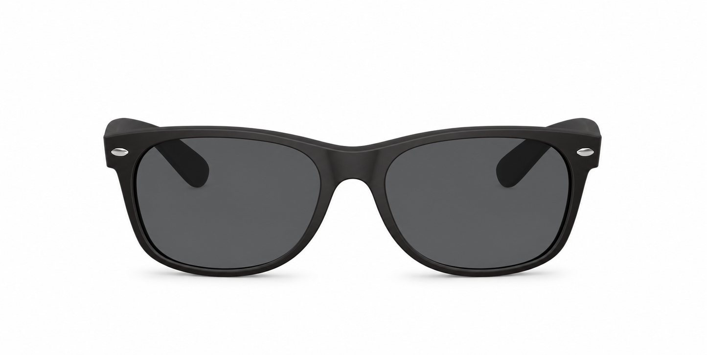 Ray-Ban New Wayfarer Low Bridge Fit RB2132F Sunglasses front view - Colour: Rubber Black - Lens: Grey solid tint - Media: Custom Polarised Grey solid tint