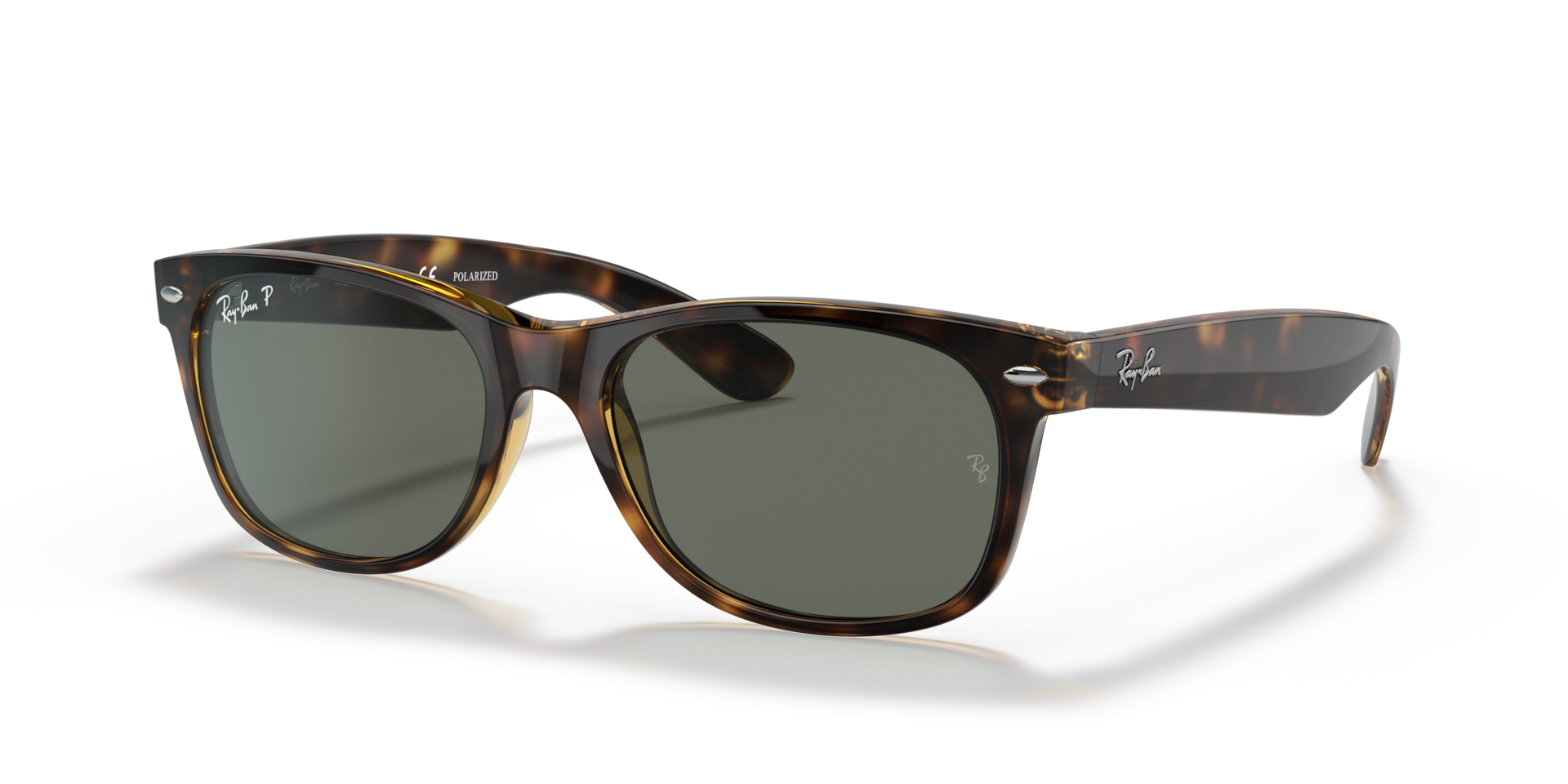 Ray-Ban New Wayfarer RB2132 Sunglasses angle view - Colour: Tortoise / G-15 Green Polarised