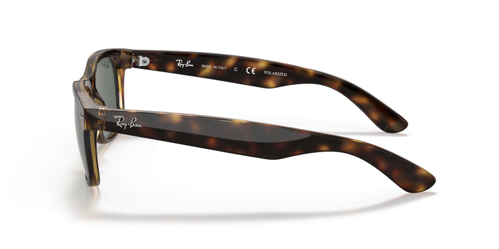 Ray-Ban New Wayfarer RB2132 Sunglasses side view - Colour: Tortoise / G-15 Green Polarised