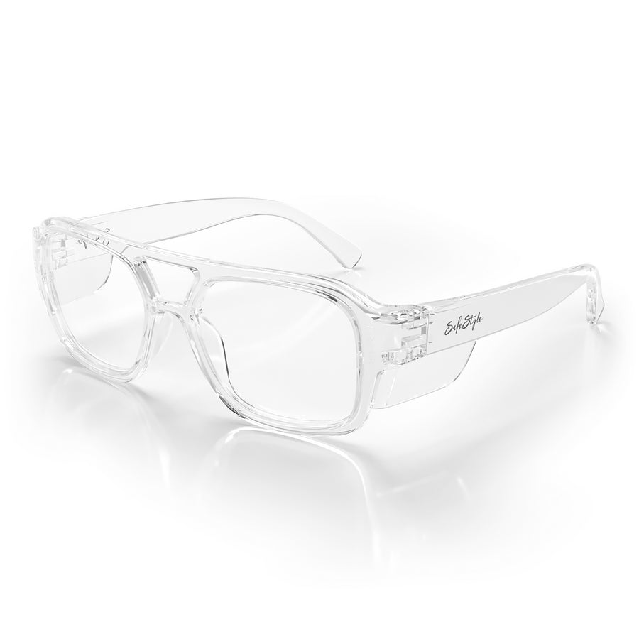 SafeStyle Skylines prescription safety glasses in Clear — angle view