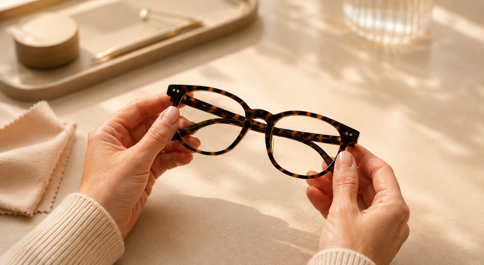 Hands holding an existing glasses frame for lens replacement