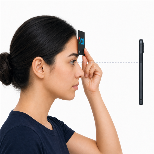 Side view showing an Adult Opal card touching the forehead above the eyebrow with no gap.