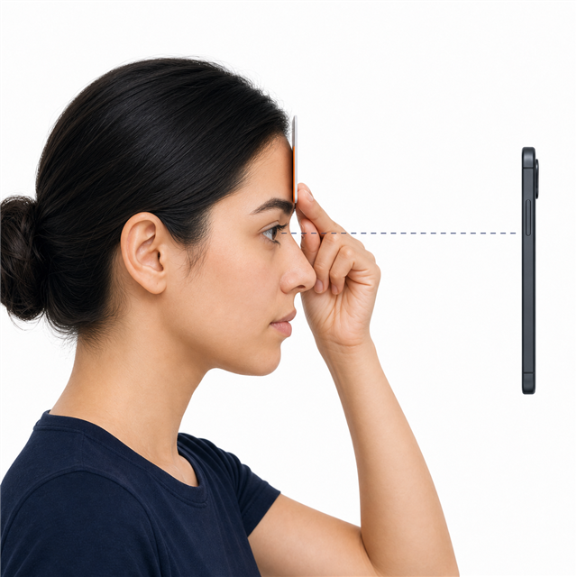 Side view showing a bank-sized card touching the forehead above the eyebrow with no gap
