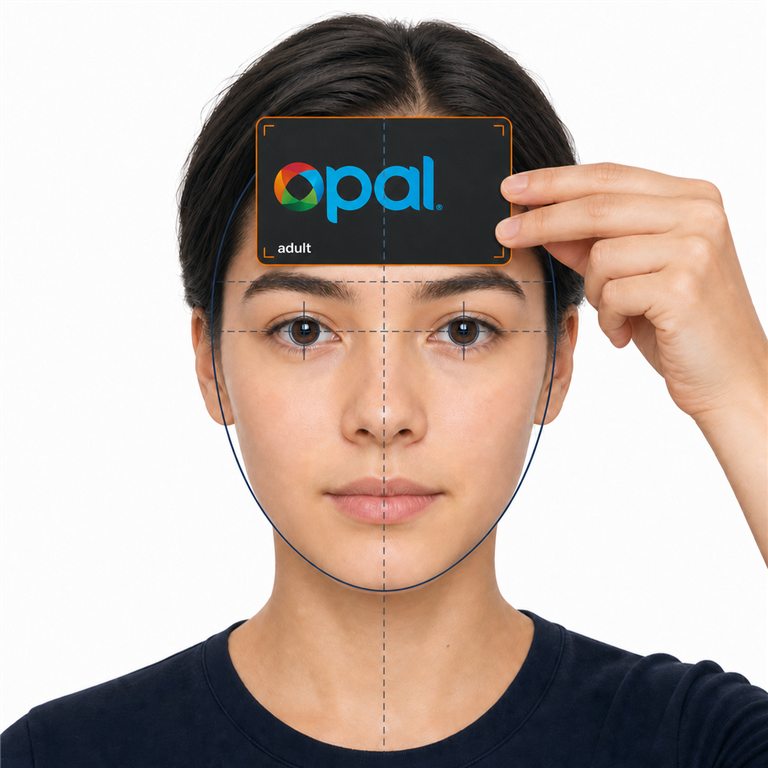 Person facing forward with an Adult Opal card held flat against the forehead just above the eyebrows.