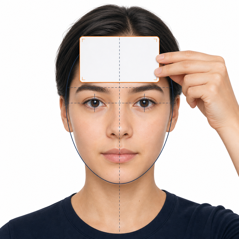 Person facing the camera with a bank-sized card held flat against their forehead