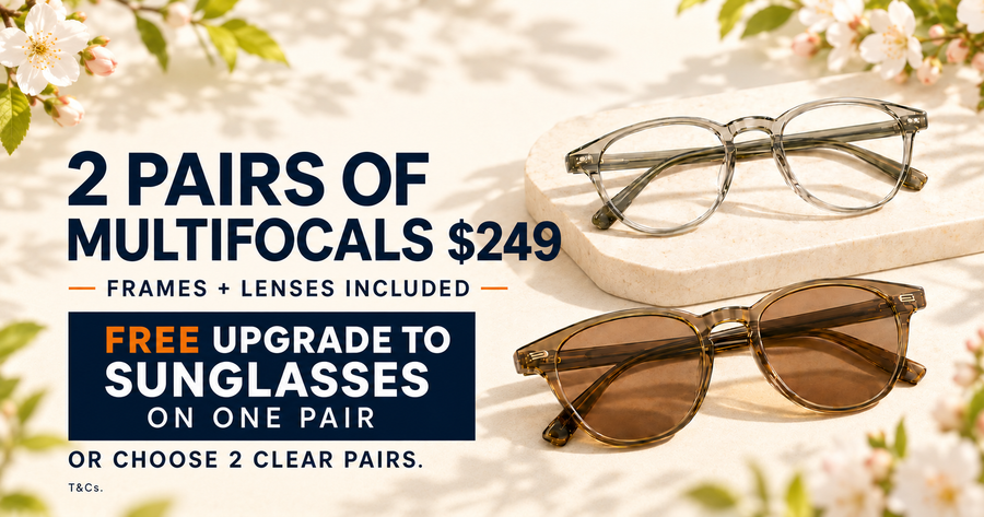 Two pairs of multifocals for $249, with a free sunglasses upgrade on one pair or two clear pairs